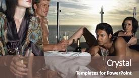  Presentation with champagne - Slide deck featuring sophisticated - young multiethnic people drinking champagne background and a violet colored foreground