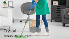  Presentation with mopping - Presentation design featuring soporte - woman mopping floor at home background and a light gray colored foreground