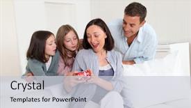  Presentation with floral mothers day - PPT theme consisting of family sorprise - father with kids celebrating mother's background and a light gray colored foreground