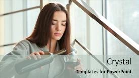  Presentation with depressed - Beautiful presentation design featuring depressed woman drinking wine indoors backdrop and a light gray colored foreground