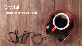  Presentation with wooden desk cup - Presentation consisting of soul food - headphones and coffee cup background and a coral colored foreground
