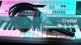  Presentation with microphone and synthesizer on concert - Beautiful presentation design featuring sound beam - headphones with microphone on synthesizer backdrop and a teal colored foreground