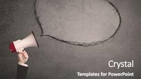  Presentation with sound - Beautiful slide deck featuring sound bubbles - caucasian business hand holding megaphone backdrop and a  colored foreground