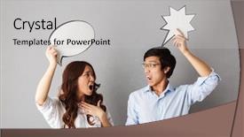  Presentation with asian ghosts - Cool new presentation theme with sound bubbles - confused asian couple standing isolated backdrop and a light gray colored foreground
