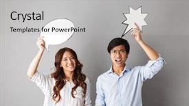  Presentation with asian culture and food - Presentation theme consisting of sound bubbles - confused asian couple standing isolated background and a light gray colored foreground