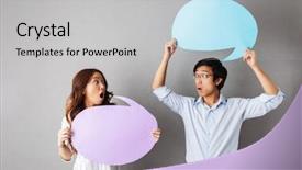  Presentation with asian - Slide set consisting of sound bubbles - confused asian couple standing isolated background and a light gray colored foreground