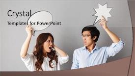  Presentation with asian war - Beautiful slide deck featuring sound bubbles - confused asian couple standing isolated backdrop and a light gray colored foreground