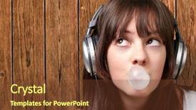  Presentation with listening woman - PPT theme enhanced with sound bubbles - portrait of a young woman background and a tawny brown colored foreground