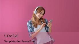  Presentation with music teal color - PPT theme having sound energy - beautiful young woman listening background and a coral colored foreground