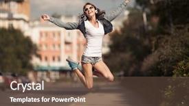  Presentation with happy music lovers - Amazing PPT theme having sound energy - image of young happy woman backdrop and a violet colored foreground