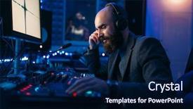  Presentation with electrocnics engineer - Amazing PPT theme having sound engineer in headphones listens backdrop and a navy blue colored foreground