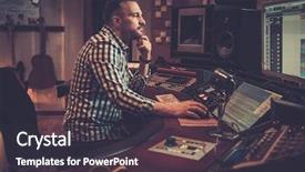 Presentation with recording studio - Amazing slide deck having sound engineer working at mixing panel in the boutique recording studio backdrop and a dark gray colored foreground