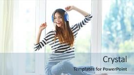  Presentation with music headphones - Colorful PPT theme enhanced with woman listening music in headphones backdrop and a light blue colored foreground