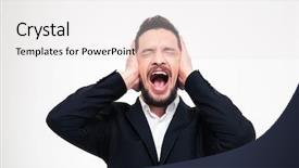  Presentation with ears - Slide set with sound pollution - angry businessman covering his ears background and a white colored foreground