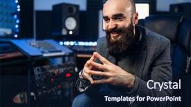  Presentation with sound and humen - Colorful presentation enhanced with sound producer in headphones listens backdrop and a navy blue colored foreground