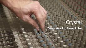 Presentation with sound - Beautiful presentation featuring sound producer rotating a regulator of old dirty sound mixer panel backdrop and a tawny brown colored foreground