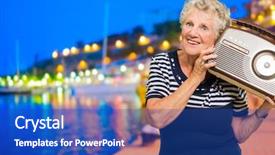  Presentation with radio - Colorful presentation theme enhanced with sound reflection light - happy mature woman holding radio backdrop and a  colored foreground
