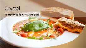  Presentation with haute cuisine - Audience pleasing PPT theme consisting of soup and bread at restaurant backdrop and a coral colored foreground