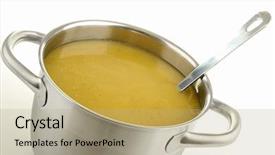  Presentation with cooking oils - Beautiful PPT theme featuring soup cooking pot and ladle backdrop and a  colored foreground