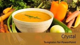  Presentation with soup - Beautiful slide deck featuring soup surrounded by fresh vegetables backdrop and a gold colored foreground