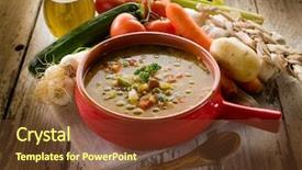  Presentation with soup - PPT theme consisting of soup vegetable on bowl and ingredients background and a tawny brown colored foreground