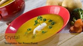  Presentation with carrots - Colorful slide deck enhanced with soup with carrots broccoli potato and sheep cheese backdrop and a gold colored foreground