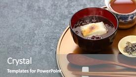  Presentation with rice cake - Presentation theme having soup with grilled mochi rice background and a gray colored foreground