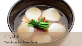  Presentation with veal - Colorful theme enhanced with soup with rice dumplings and veal backdrop and a coral colored foreground