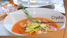  Presentation with soup - Presentation having soup with rosemary on restaurant background and a coral colored foreground