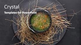  Presentation with top hat - Amazing slide deck having soup with vegetables in a bowler hat over hay countrylike shot top view backdrop and a dark gray colored foreground