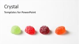  Presentation with jelly - PPT layouts enhanced with four fruit jelly candies coated with sugar on white background background and a white colored foreground