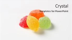  Presentation with jelly - Theme enhanced with four fruit jelly candies coated with sugar on white background background and a sky blue colored foreground