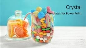  Presentation with glassware - Amazing slide deck having glassware with different candies on table against color background backdrop and a light blue colored foreground