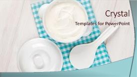  Presentation with empty of wood table top - Presentation theme featuring sour cream in a bowl background and a sky blue colored foreground