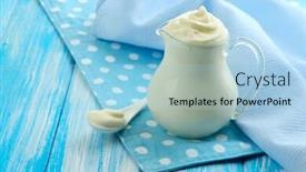  Presentation with cream - Presentation design enhanced with sour cream in pitcher on table close-up background and a light blue colored foreground