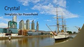  Presentation with frigate - Audience pleasing slide set consisting of southamerica - frigate presidente sarmiento buque museo backdrop and a light blue colored foreground