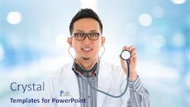  Presentation with doctor asian - Slide deck consisting of southeast asian medical doctor with stethoscope in hand standing in hospital background and a sky blue colored foreground