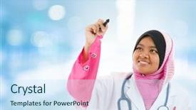  Presentation with sketching - Slide set consisting of southeast asian muslim medical student sketching on transparent screen hospital blue background background and a sky blue colored foreground