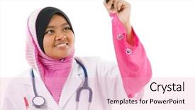  Presentation with transparent screen - Amazing PPT theme having southeast asian muslim medical student sketching on transparent screen isolated on white background backdrop and a lemonade colored foreground