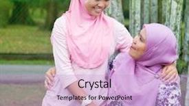  Presentation with muslim family - Amazing theme having southeast asian muslim mother and daughter at outdoor park happy family lifestyle backdrop and a lavender colored foreground