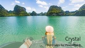  Presentation with beautiful places vietnam - Cool new slides with southeast asian nations - man wearing a vietnamese hat backdrop and a seafoam green colored foreground