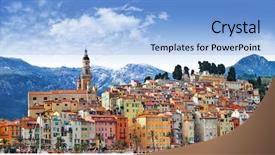  Presentation with color border bottom - Audience pleasing slide set consisting of southern europe - menton - beautiful town backdrop and a light blue colored foreground