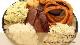  Presentation with white plate - Audience pleasing presentation theme consisting of southern food - beef brisket grits potato salad backdrop and a  colored foreground