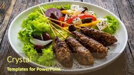  Presentation with feta cheese - Presentation theme with souvlaki-greek-shashlik-served background and a tawny brown colored foreground