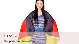  Presentation with flag - Audience pleasing PPT layouts consisting of sovereign - young beautiful brunette woman holding backdrop and a  colored foreground