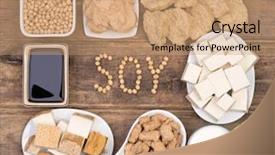  Presentation with soy - Slide set with soy products on wooden background background and a coral colored foreground