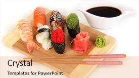  Presentation with wooden board for oktoberfest - Audience pleasing PPT theme consisting of soy sauce - delicious sushi served on wooden backdrop and a coral colored foreground