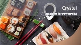  Presentation with green tea - Theme featuring soy sauce - set of sushi and maki background and a gray colored foreground