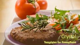  Presentation with soy - Presentation having soy steak with arugula and tomatoes salad background and a tawny brown colored foreground