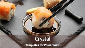  Presentation with soy sauce - Slide deck having soya - dipping tasty roll into bowl background and a tawny brown colored foreground